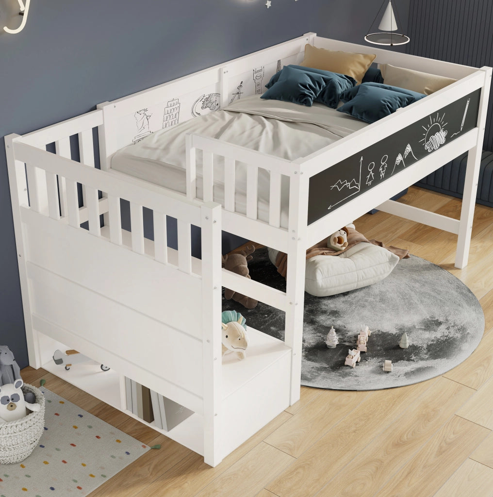 Letto a soppalco per bambini 90x200 cm bianco con scala contenitore