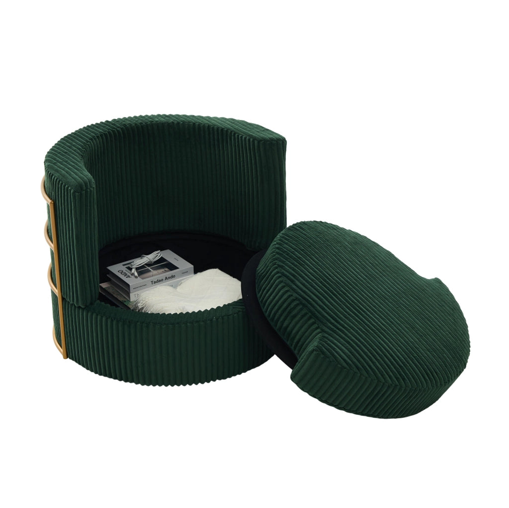 Poltrona girevole 360° in corduroy verde smeraldo con vano contenitore; 76x79x78 cm
