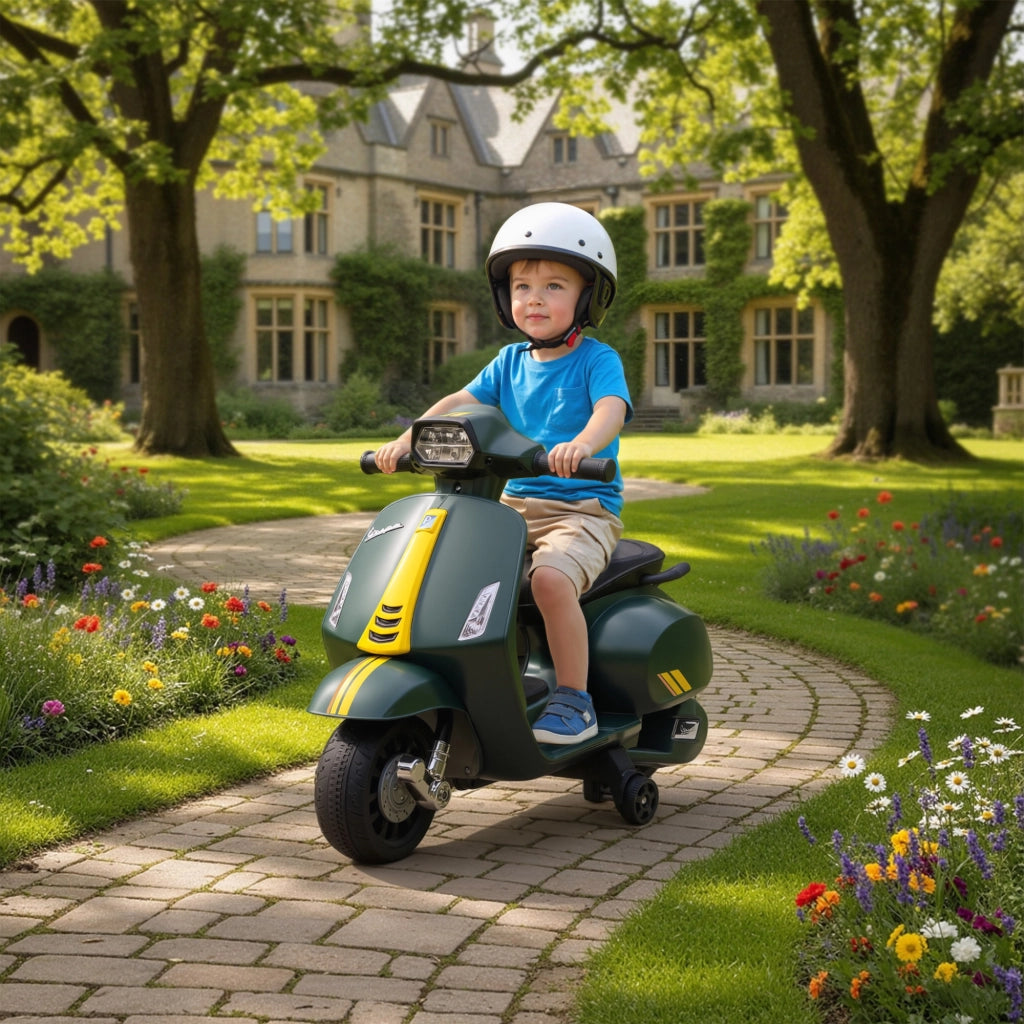 Moto Elettrica per Bambini con Licenza Ufficiale Piaggio Vespa 6V con Rotelle e Luci Verde Scuro