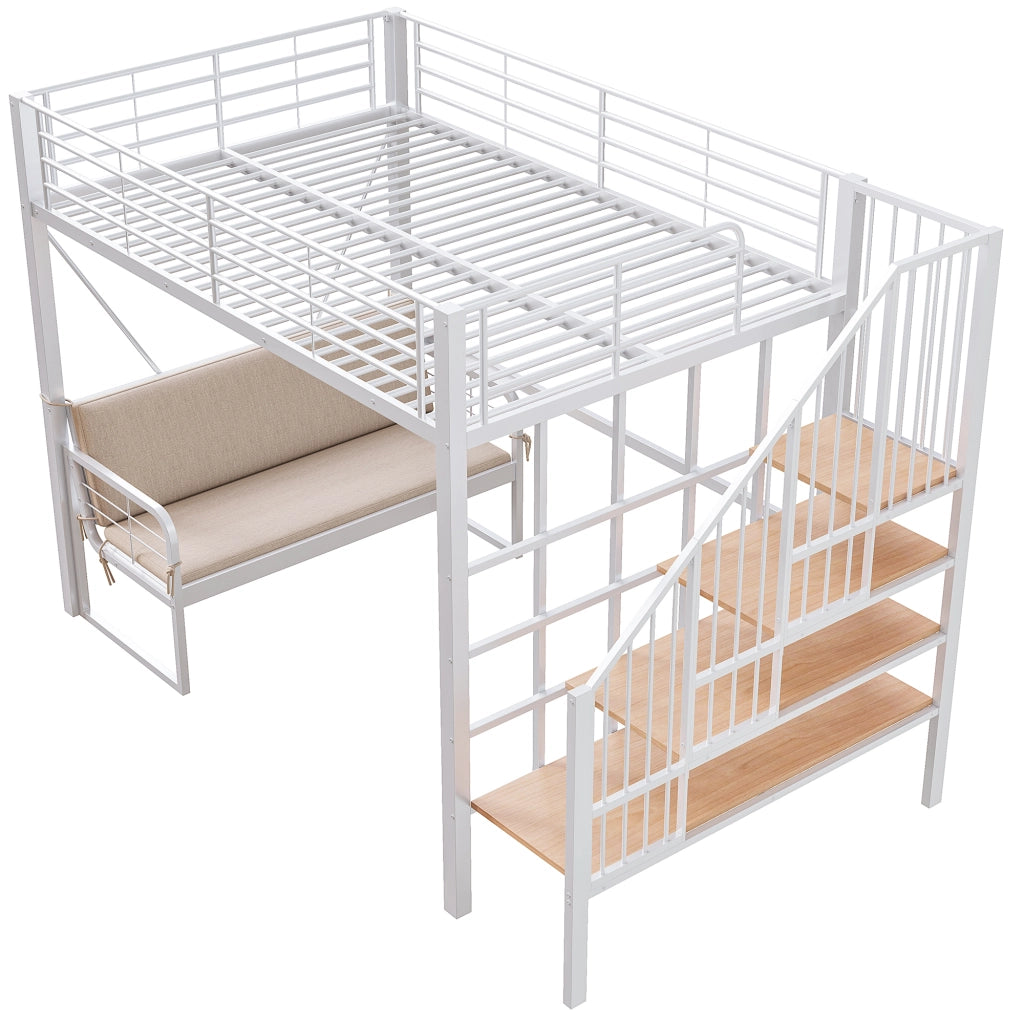 Letto a castello in metallo bianco 140 x 200 cm; letto a soppalco; divano imbottito; deposito e scale di sicurezza