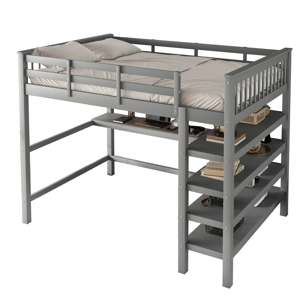 OKWISH Letto a Soppalco 140×200 cm, Letto Matrimoniale con Scrivania, Scaffali e Vani Contenitore, senza Materasso, Grigio