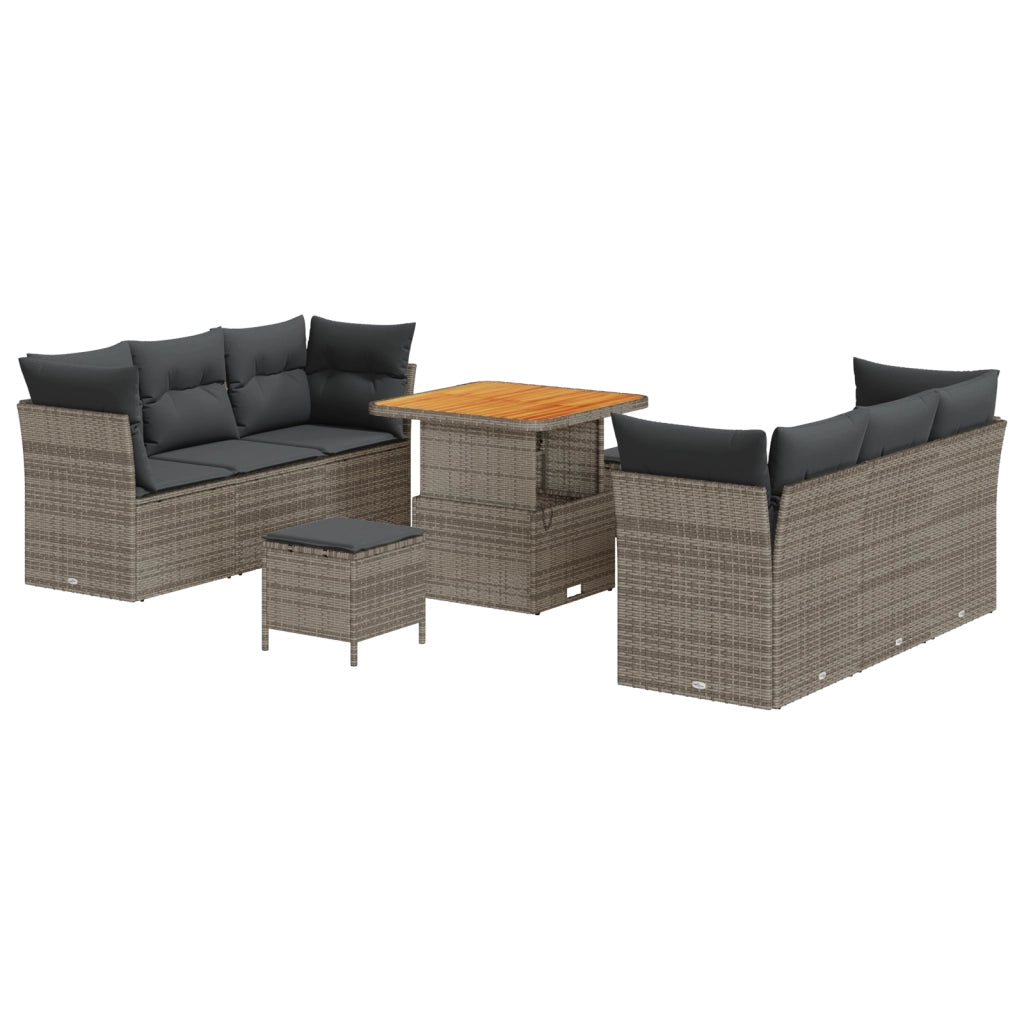Set di divano da giardino  9 pezzi con cuscini Grigio Polyrattan Acacia