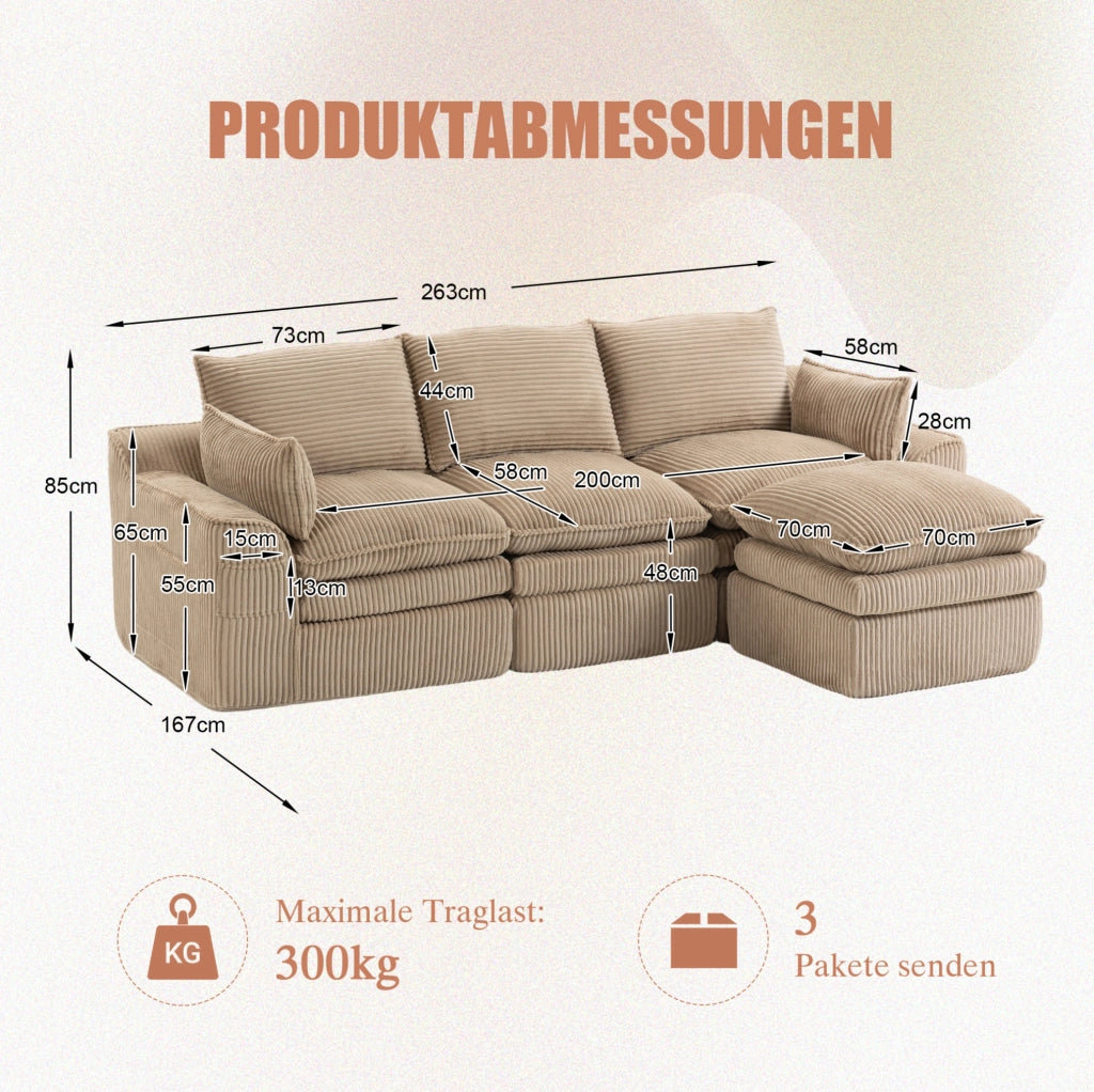 Divano modulare in velluto a coste con pouf; khaki; 263 x 167 x 85 cm