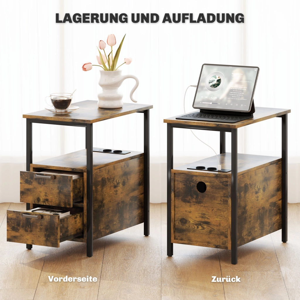 TAVOLINO Laterale 55x35x58,5 cm Marrone con 2 cassetti e prese integrate