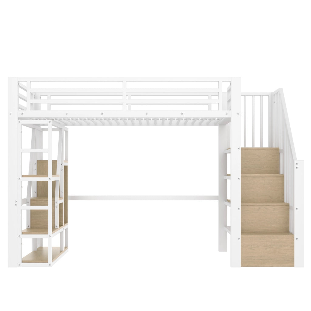 Letto a soppalco 90 × 200 cm 1 posto con LED; mensole e scaletta contenitore; senza materasso; in metallo e MDF bianco