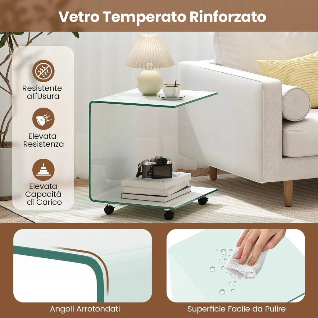 Tavolo Moderno in Vetro Temperato con 2 Ripiani, Tavolino Laterale a C per Divano con 4 Ruote Blocccabili, Tavolo Versatile per Soggiorno, Camera da Letto e Bagno (Bianco)