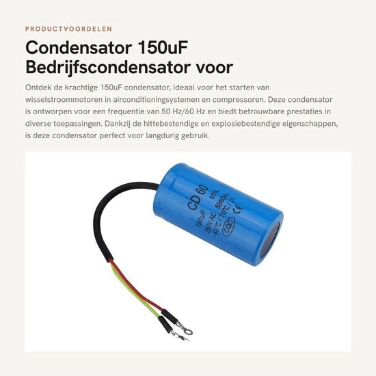 Condensatore a motor 150uF - Condensatore per impianto 250V AC - Resistenze a calore - Resistente all'esplosione - Duraturo - Prestazioni di isolamento affidabili - Condensatore