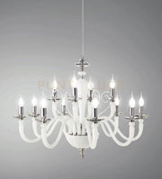 LAMPADARIO DEBUSSY 12 LUCI BIANCO SATINATO CROMO ATTACCO E14 D.84CM