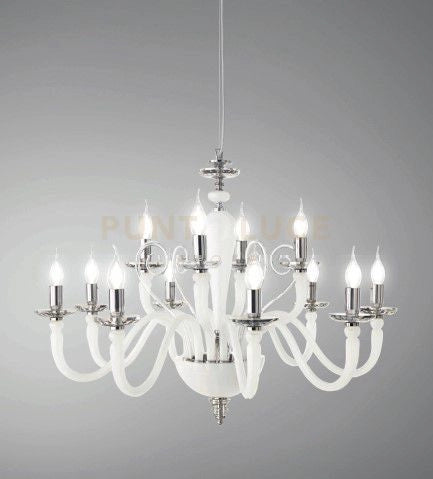 LAMPADARIO DEBUSSY 12 LUCI BIANCO SATINATO CROMO ATTACCO E14 D.84CM
