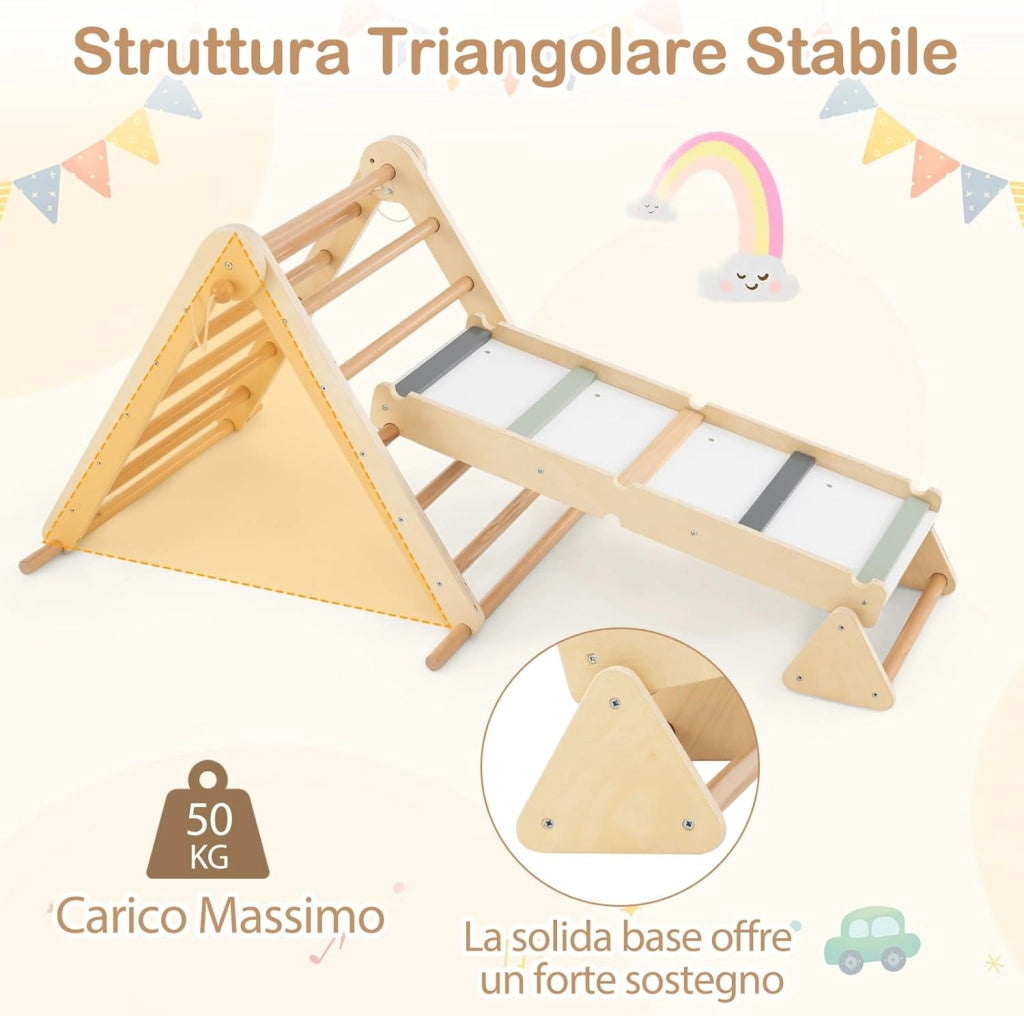 Set di Arrampicata per Bambini 3 in 1, Arrampicata in Legno Pieghevole con Rampetta a Doppia Faccia e Triangolo di Arrampicata Regolabile, Triangolo Montessoriana per Bambini 3+ Anni