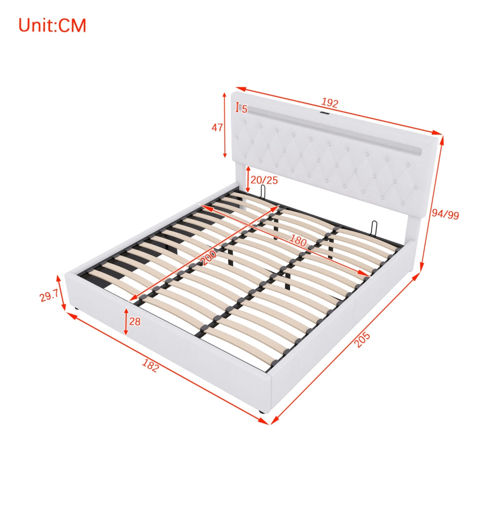 Letto imbottito 180x200 cm con contenitore; sollevamento idraulico; LED e USB; bianco