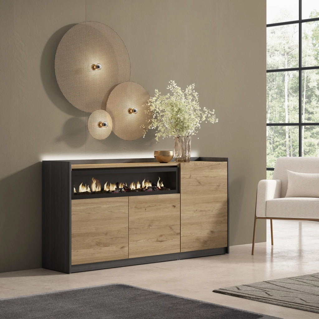 Credenza, Mobile, Cucina, 156x80x37 cm, 3 Porte, Camino elettrico, LED, Rovere e nero