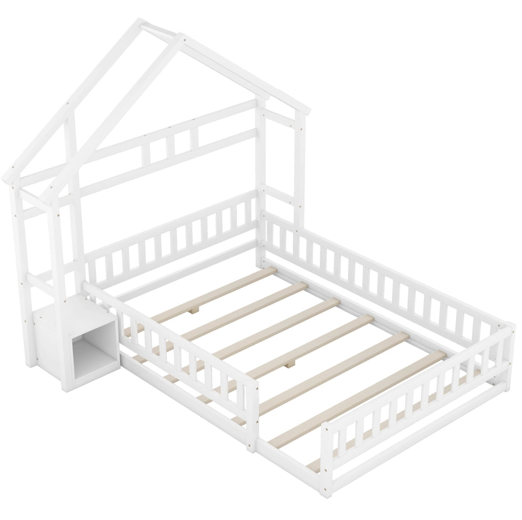 Letto a casetta per bambini 140 x 200 cm con sponda e comodino, bianco