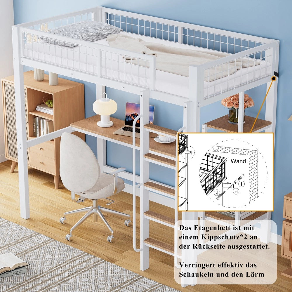 Letto a Castello con Tavolo e Scaffali ¨C MINIMAL ¨C Ferro e MDF, Bianco e Naturale, 90x200