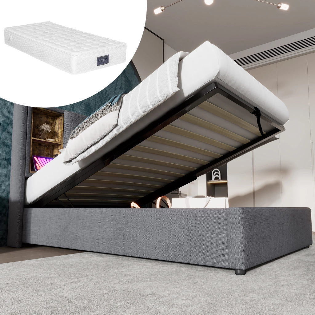 LETTO 90x200 cm Imbottito Grigio Cotone con Ricarica Wireless e USB