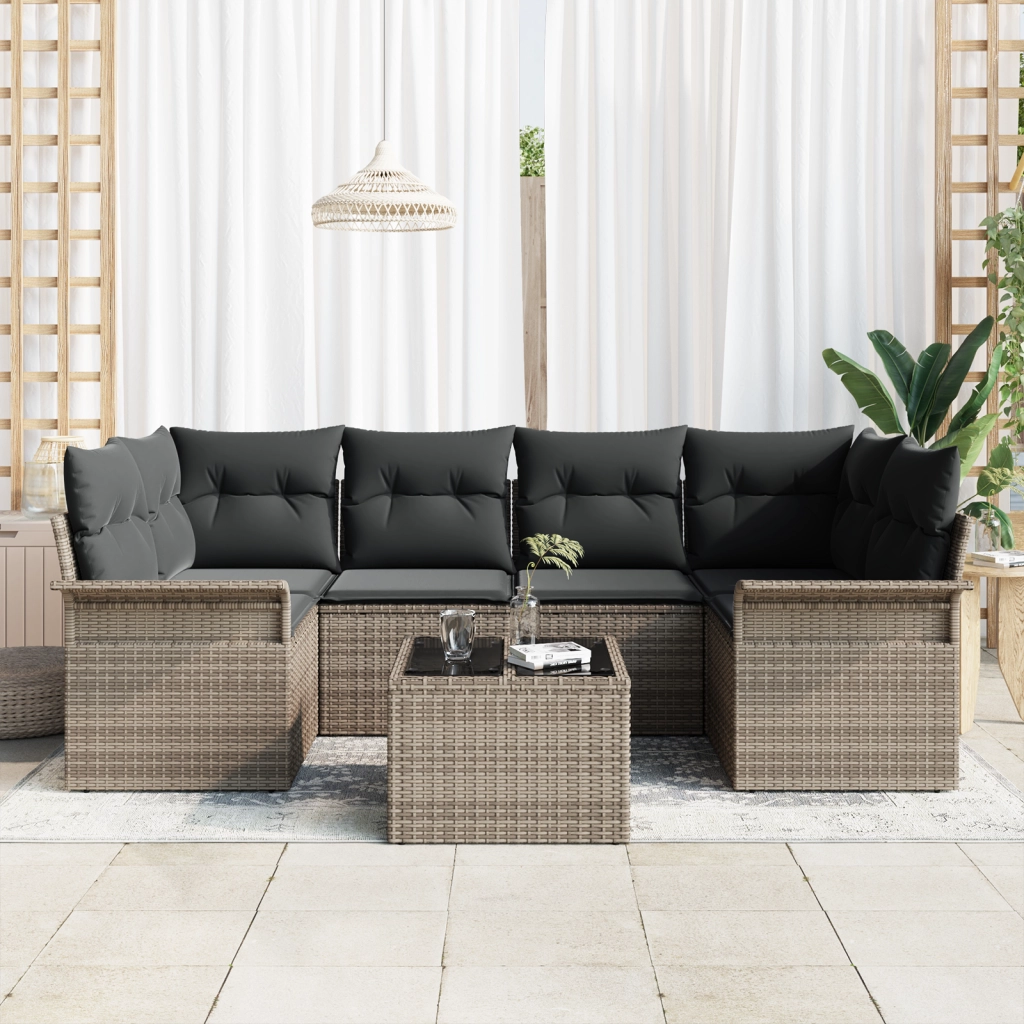 Set Divano da Giardino a 7 Pezzi con Cuscini Grigio Polyrattan