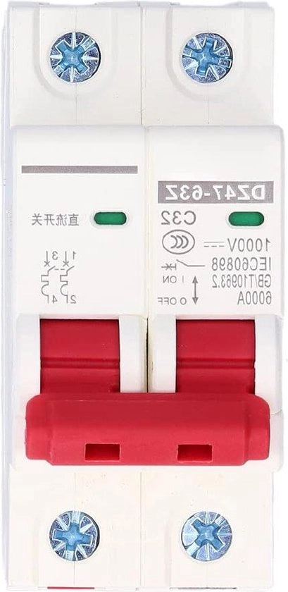 Blocco di sorpresa DC 2 poli 32A 1000V bassa tensione montaggio su rail DIN - sistema solare fotovoltaico - potenza di commutazione 6000A - C32