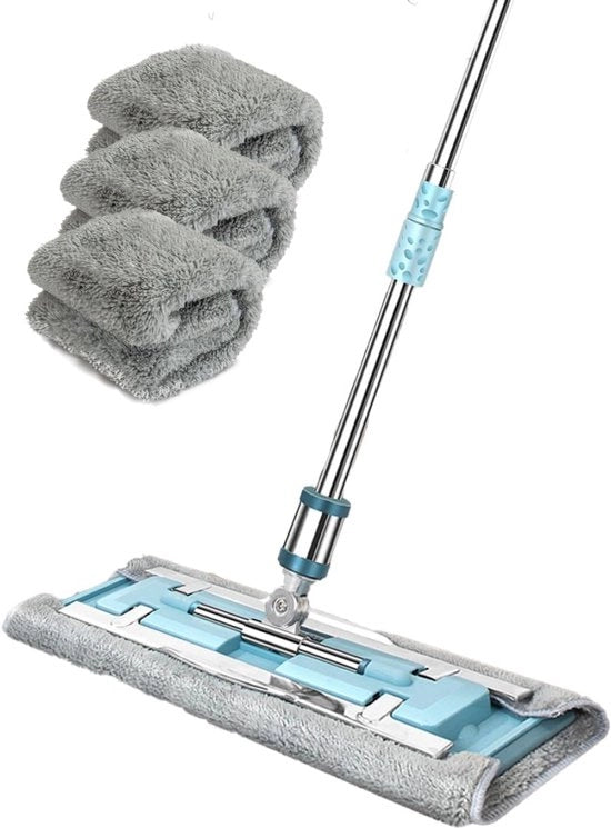 Draaischarnier metallico affidabile 360° rotante - Manico telescopico in acciaio - Morsetti di alta qualità - 3 pezzi microfibra - Per pavimenti in laminato e piastrelle.