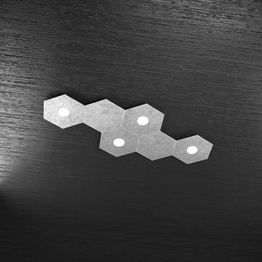 HEXAGON APPLIQUE-PLAFONIERA 4 LUCI + 2 DECORATIVO FOGLIA ARGENTO 1142-4L2D-FA