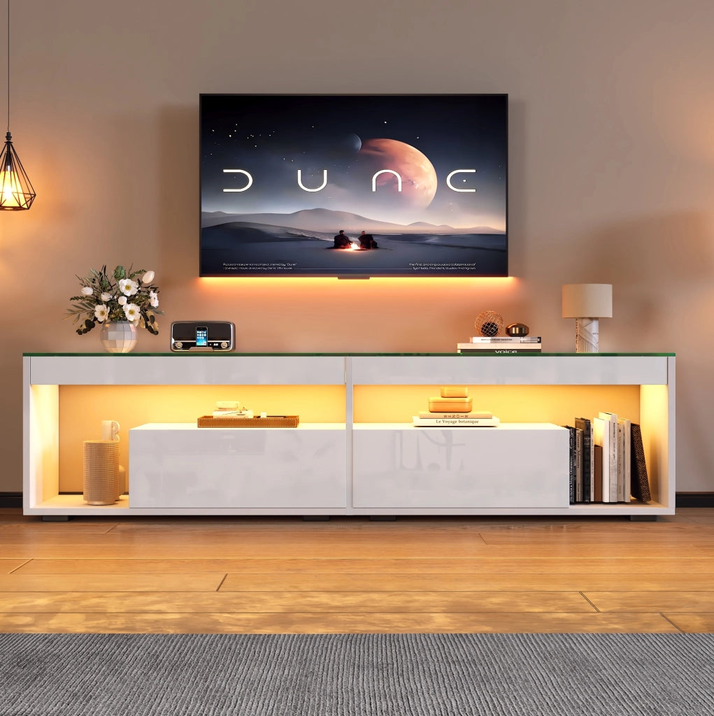 Mobile TV lucido bianco con LED e due cassetti