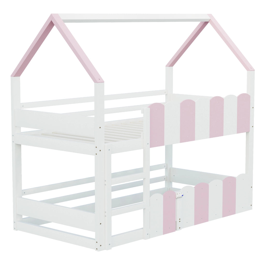 OKWISH Letto a Castello 90×200 cm, Letto Singolo con Design a Casetta, Scala Dritta e Sponde di Sicurezza, senza Materasso, Bianco e Rosa