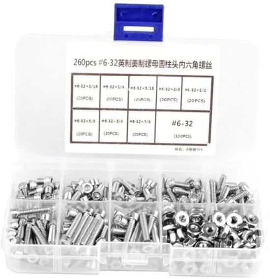 Kit di viti a testa esagonale 260 pezzi, set di viti a testa esagonale 6-32, viti, bulloni, bulloni, nocciole, kit di spaziature in acciaio inossidabile 304