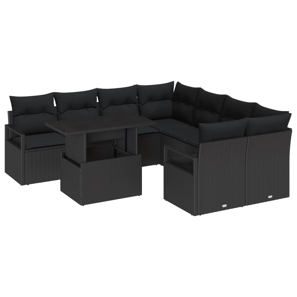 Set di Divani da Giardino 9 Pezzi con Cuscini Polyrattan Nero