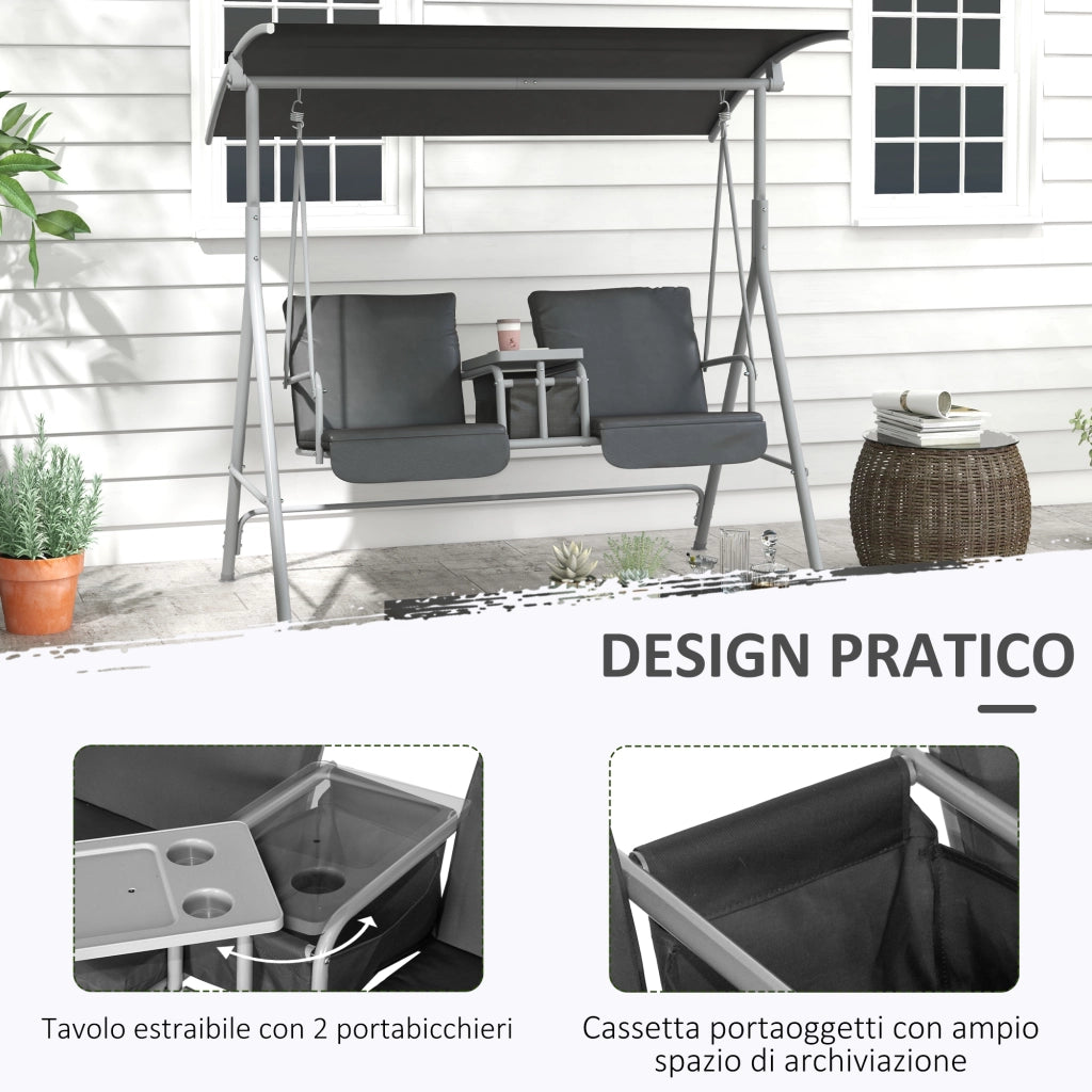 Dondolo 2 Posti con Tavolino ¨C Zephmum ¨C Grigio, Metallo e Poliestere, 175x110x165 cm