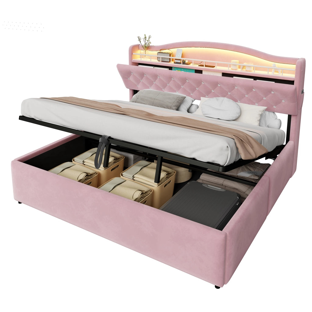 Letto contenitore 180 × 200 cm con sollevamento idraulico, USB, USB-C, led et cassetti testiera, sans materasso
