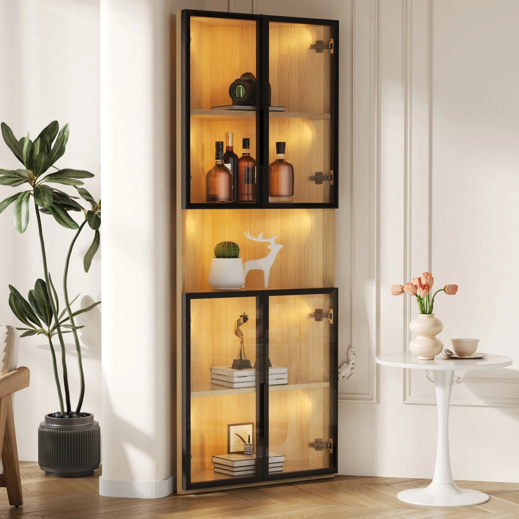 Vetrina angolare LED in MDF effetto rovere 62x32x160 cm con ante in vetro e chiusura soft-close