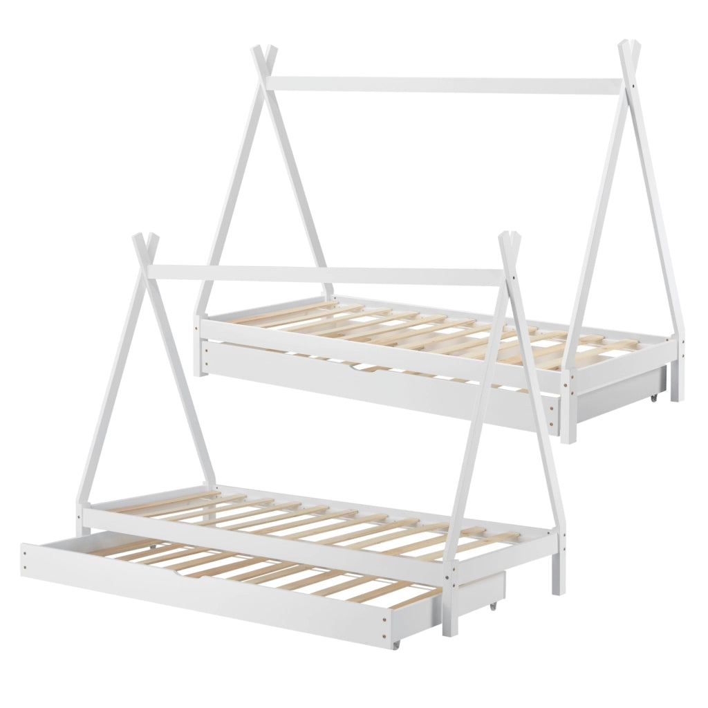 Lettino a Forma di Tenda 90 x 200 cm con Secondo Letto Estraibile 90 x 190 cm Lettino Montessori Lettino Tipi in Legno con 2 Posti Letti - Bianco