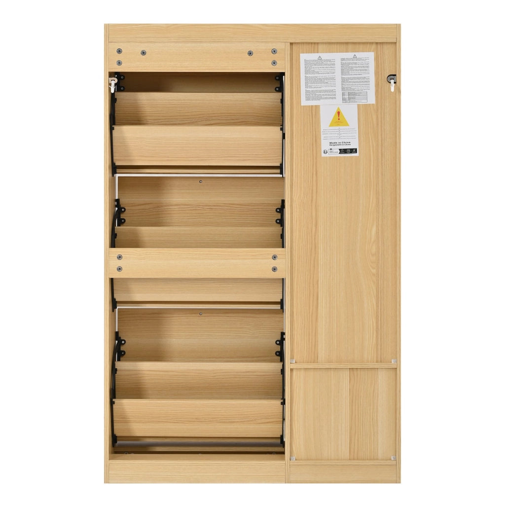 Scarpiera, mobile da ingresso, finitura in vimini, 3 sportelli ribaltabili, con cassetti, 80,5 x 25 x 125 cm, colore legno naturale