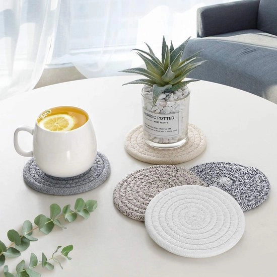 Sostegni per bicchieri con holder, sostegni per bicchieri, sostegni per bicchieri, rotondi, a mano, intrecciati con corda di cotone spesso, marrone, 6 pezzi