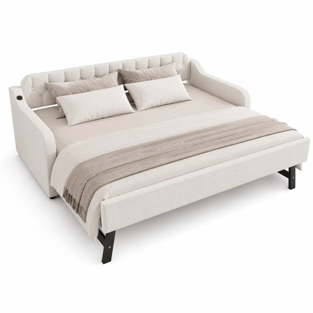 Divano letto estraibile 90x200 cm con porta USB; in lino beige