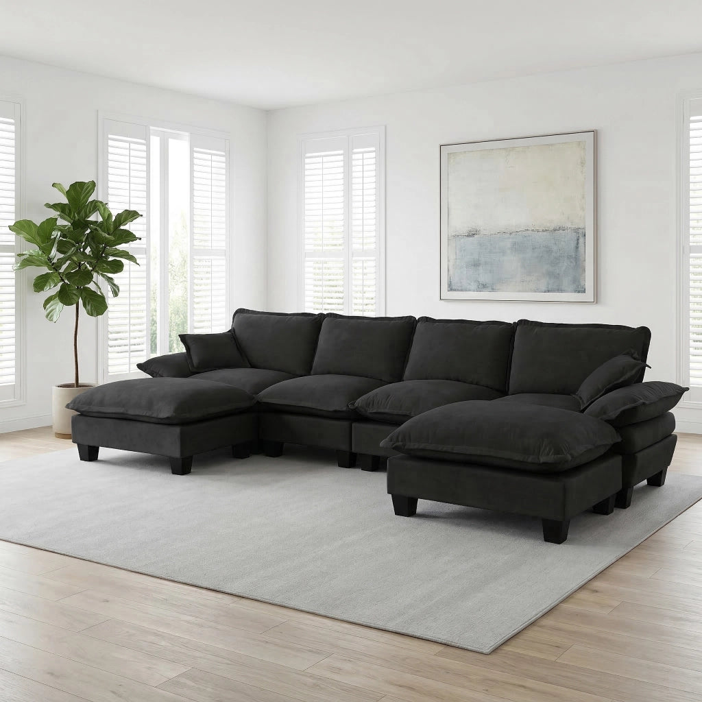 Divano modulare angolare a U con pouf mobile in chenille nero, schienale alto, braccioli larghi, 323 × 151 × 90 cm