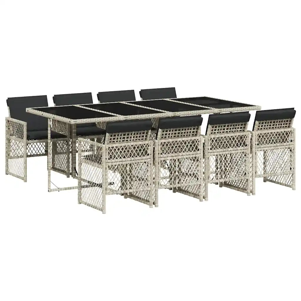 Set Pranzo da Giardino 9pz con Cuscini Grigio Chiaro Polyrattan