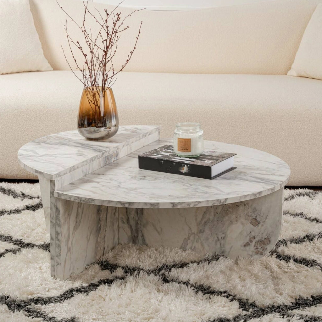 Mansue, Tavolino da Salotto Forma Rettangolare, 90x60x35h cm Bianco Marmo