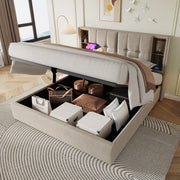 OKWISH Letto Contenitore 160×200 cm, Letto Matrimoniale con Ricarica Wireless, USB, Tipo C e Mensole, senza Materasso, in Lino, Naturale