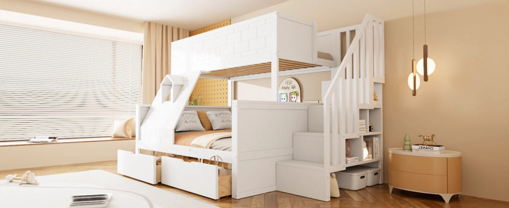 DESMIU Lit superposé 90 × 200 cm con 2 cassetti e scala contenitore, 1 posto in legno, senza materasso, bianco