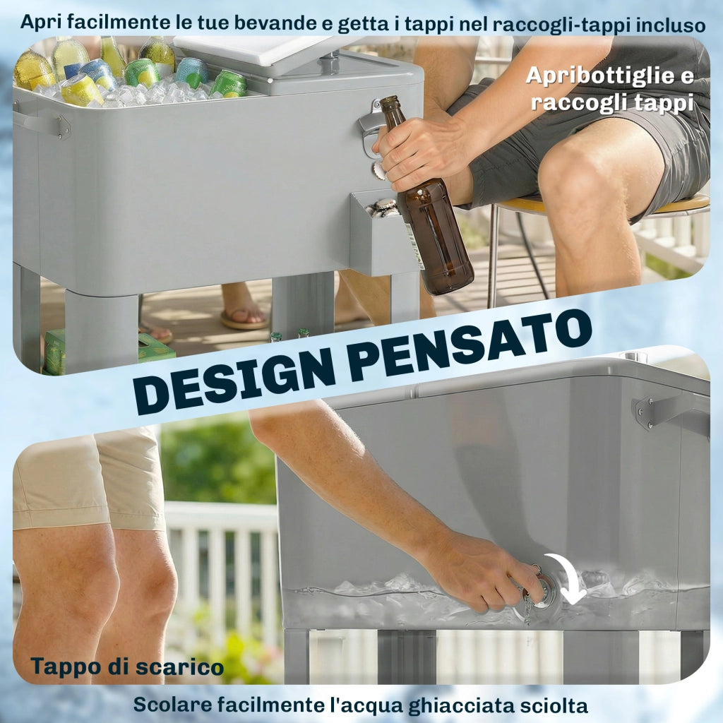 Frigo Portatile 92x39x81 cm Capacità 76 L con Ruote e Apribottiglie in Plastica e Metallo Argento