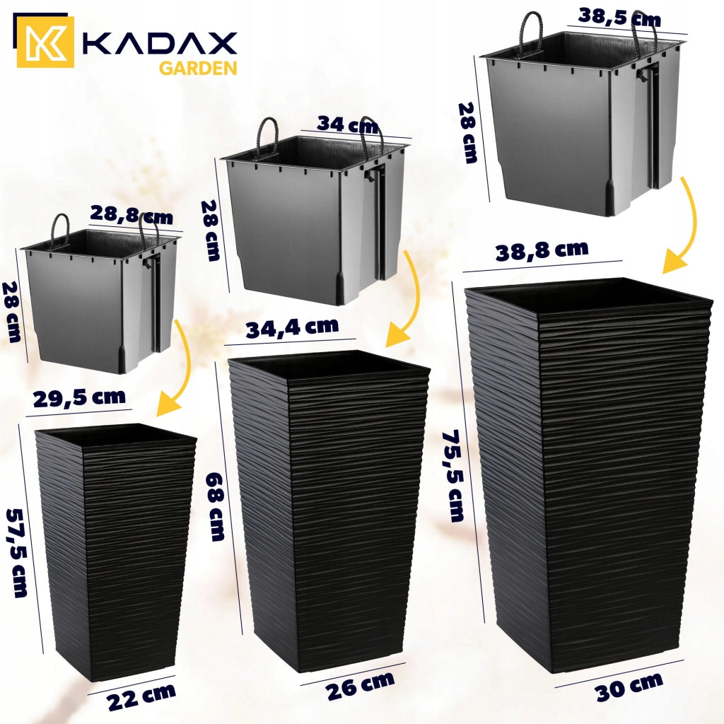Set di 3 vasi da fiori KADAX, vasi da giardino + inserti, alti e grandi, neri, 57+68+75 cm