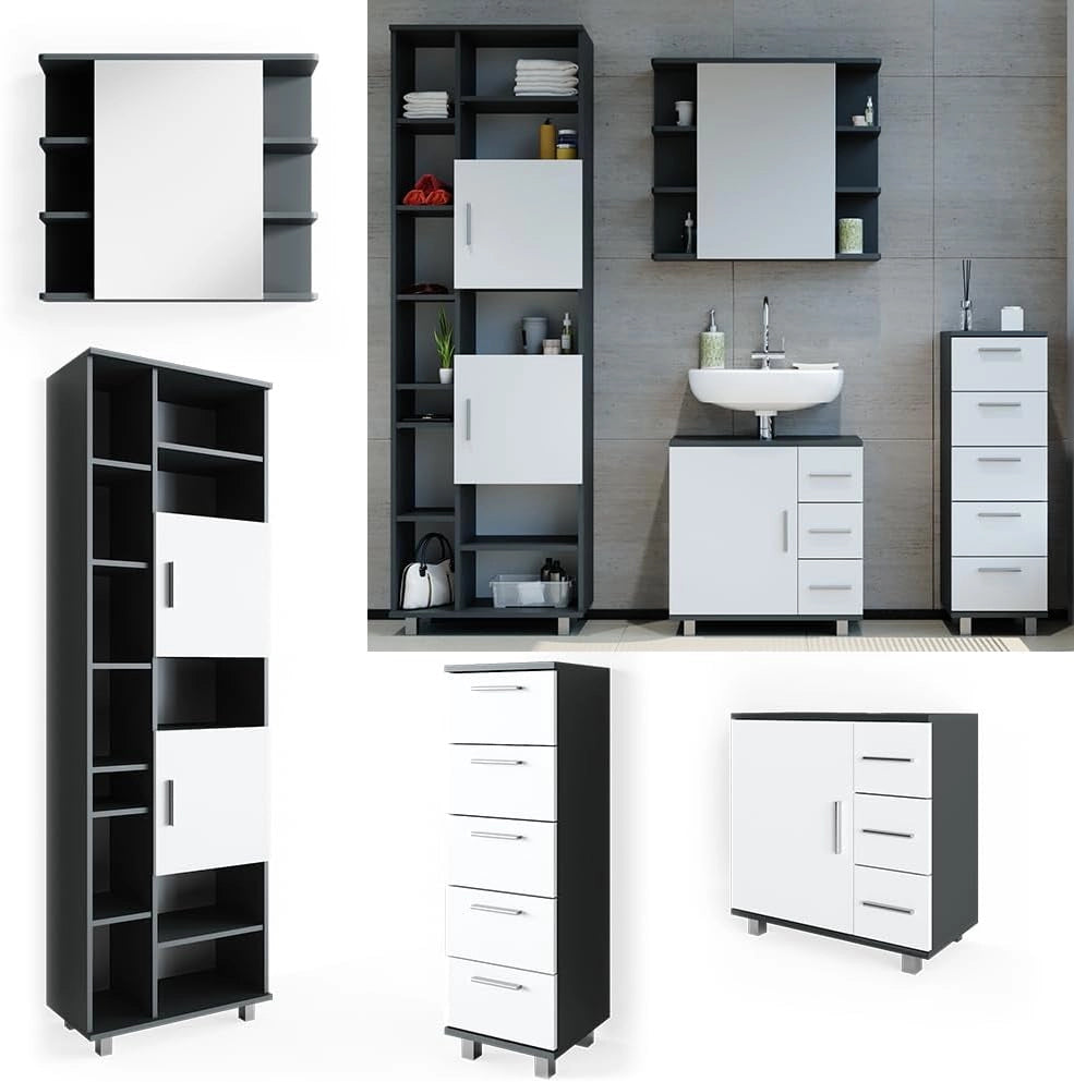 Set mobili bagno Ilias, Antracite, 60 cm, composto da mobile lavabo, pensile a specchio, colonna e base media
