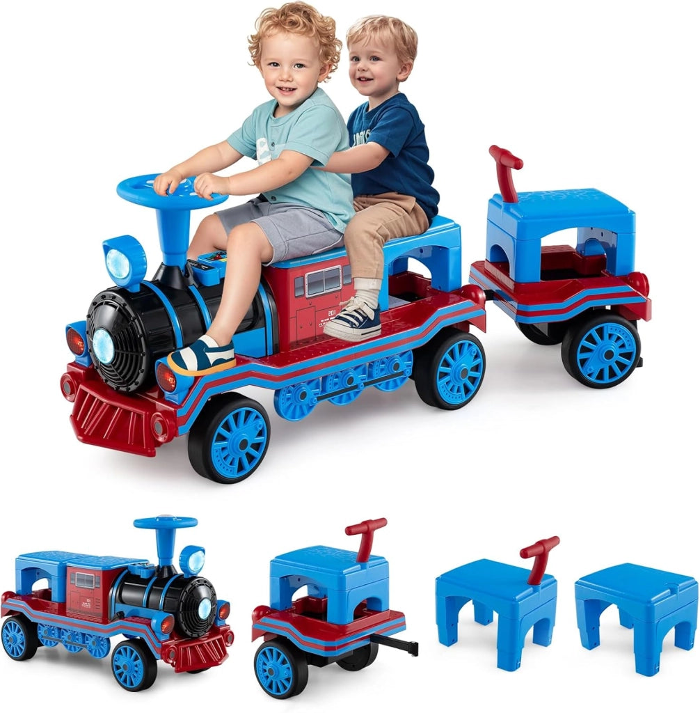 Trenino Elettrico Cavalcabile per Bambini, 12V Macchina Elettrica a 3 Posti con Locomotiva e Vagone Rimovibili, Treno con Luci LED, Clacson e Musica, per Bambini 3-8 Anni (Rosso)