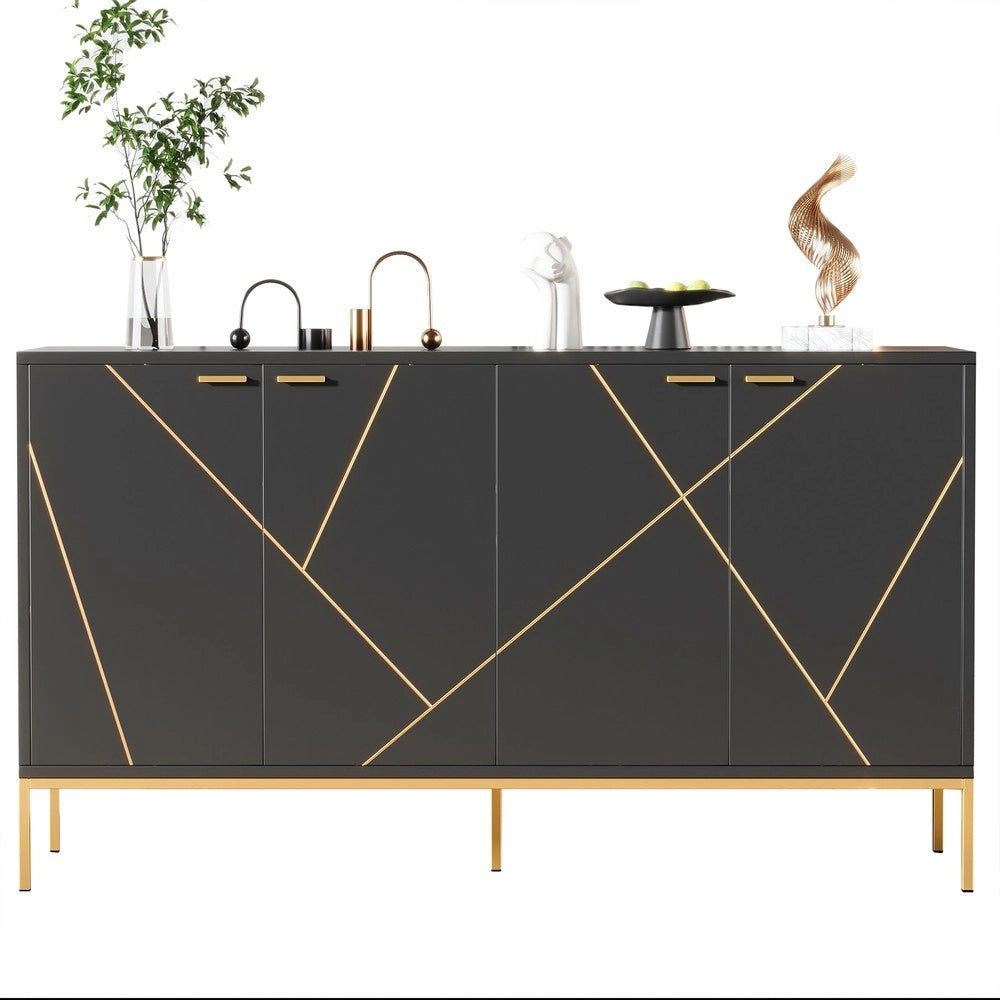 Mobile TV / Credenza con 4 Ante e Gambe in Metallo ¨C MINIMAL ¨C Nero e Oro, 150x40x80 cm