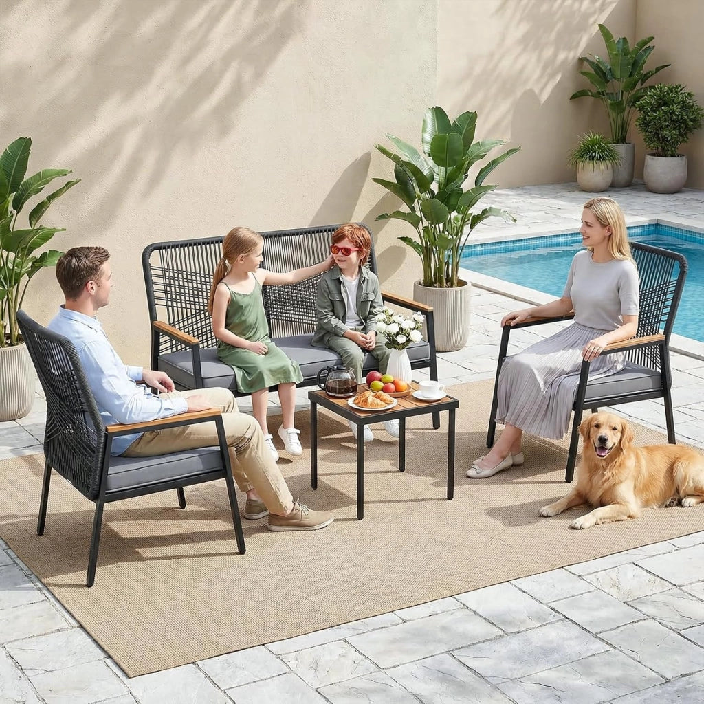 Panchina da giardino in rattan, sedia da giardino a 2 posti in polyrattan, panchina da esterno, resistente alle intemperie, braccioli in WPC, per terrazza, giardino e veranda, grigio