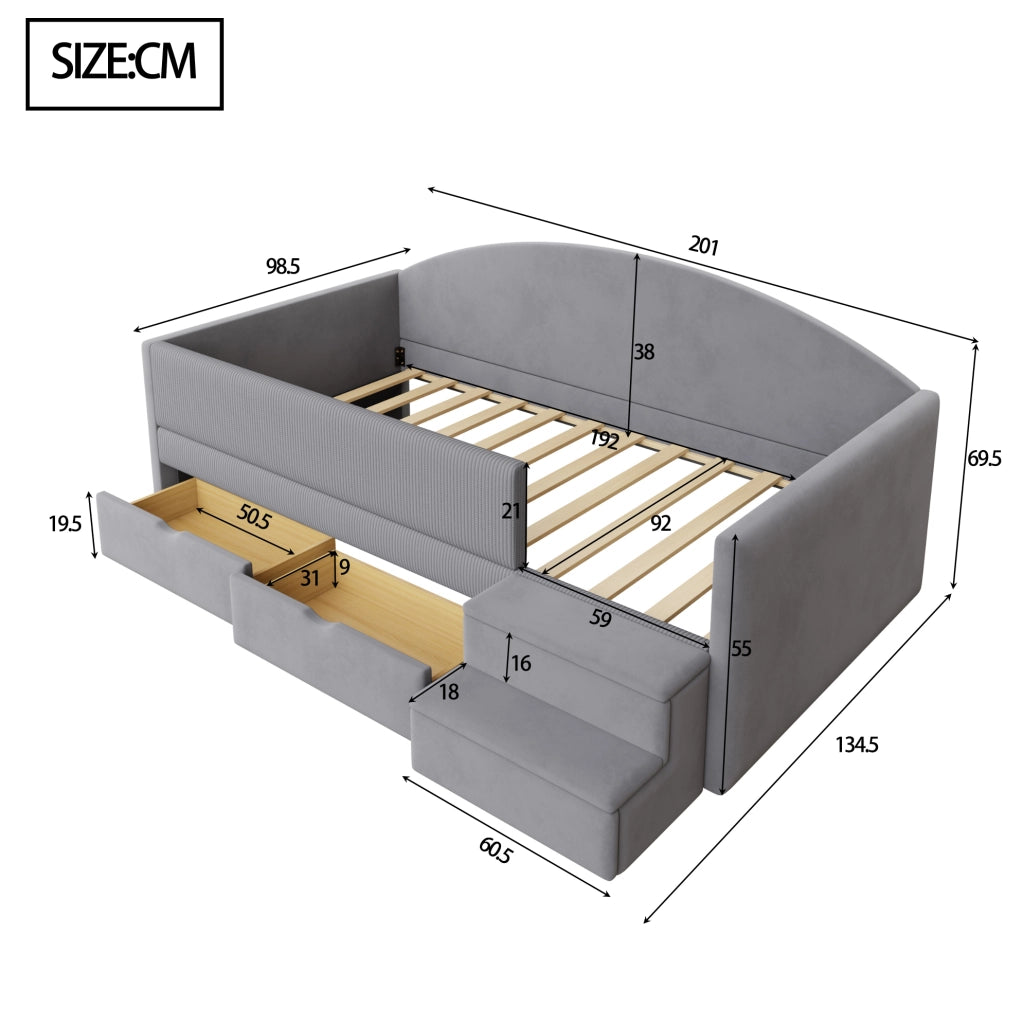Letto imbottito per bambini 90x190 cm con cassetti