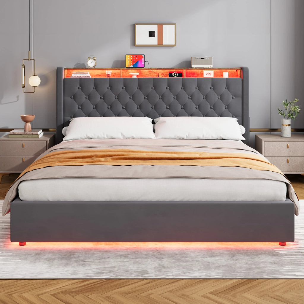 LETTO Imbottito 180 x 200 cm in Velluto Grigio Scuro con Contenitore