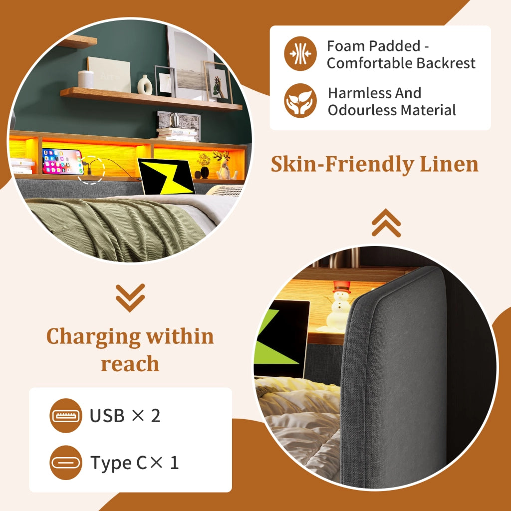Letto con cassetti 140 × 190 cm con LED USB e USB-C testiera con vano in lino grigio con rete a doghe
