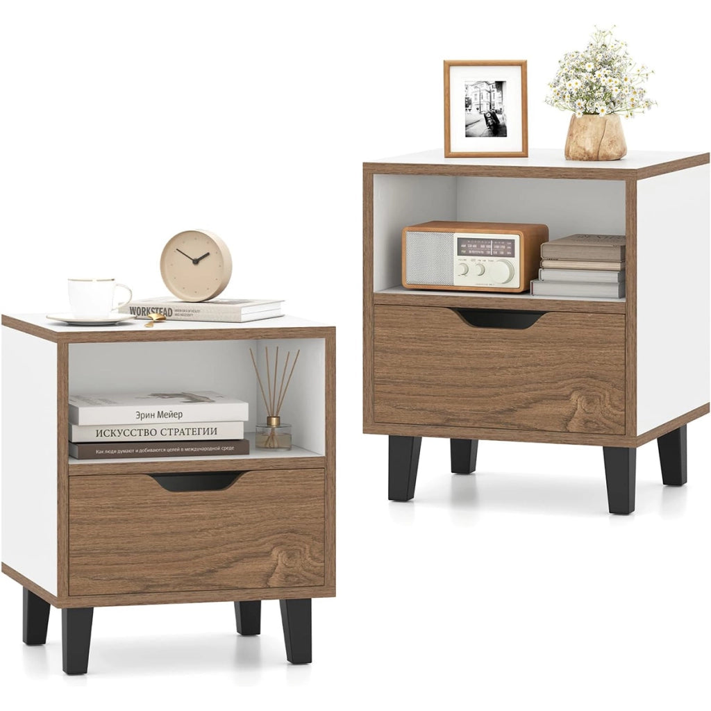 Comodino tavolino da letto con cassetto e scomparto aperto, Tavolo laterale con gambe in metallo per diverse stanze 2 x Comodini-Comodini