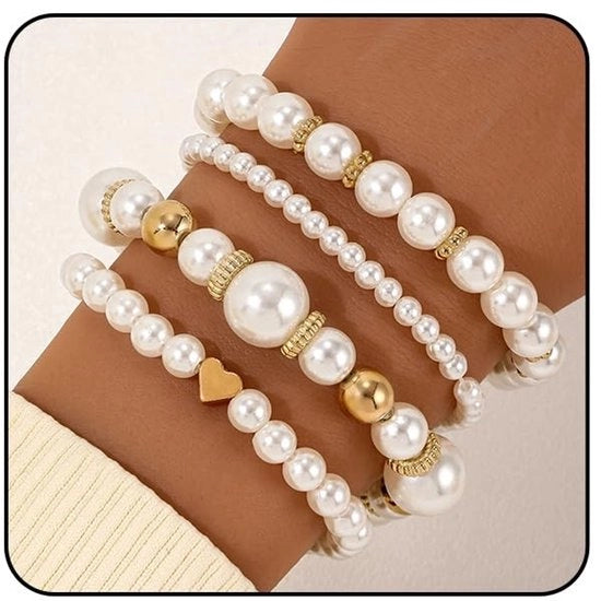 Ornamento per braccio elegante set - simili perle - bracciali sovrapposti - bracciali estensibili - per donne - forma comoda - accessori per il collo